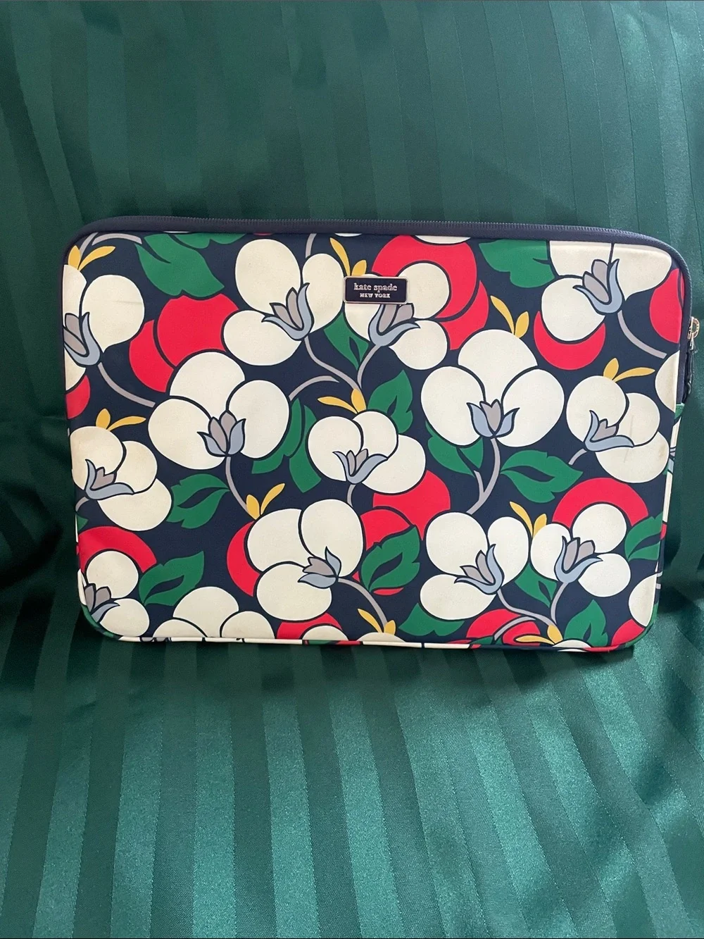 kate spade lap top bag - navy floral sleeve with red, white & green accents